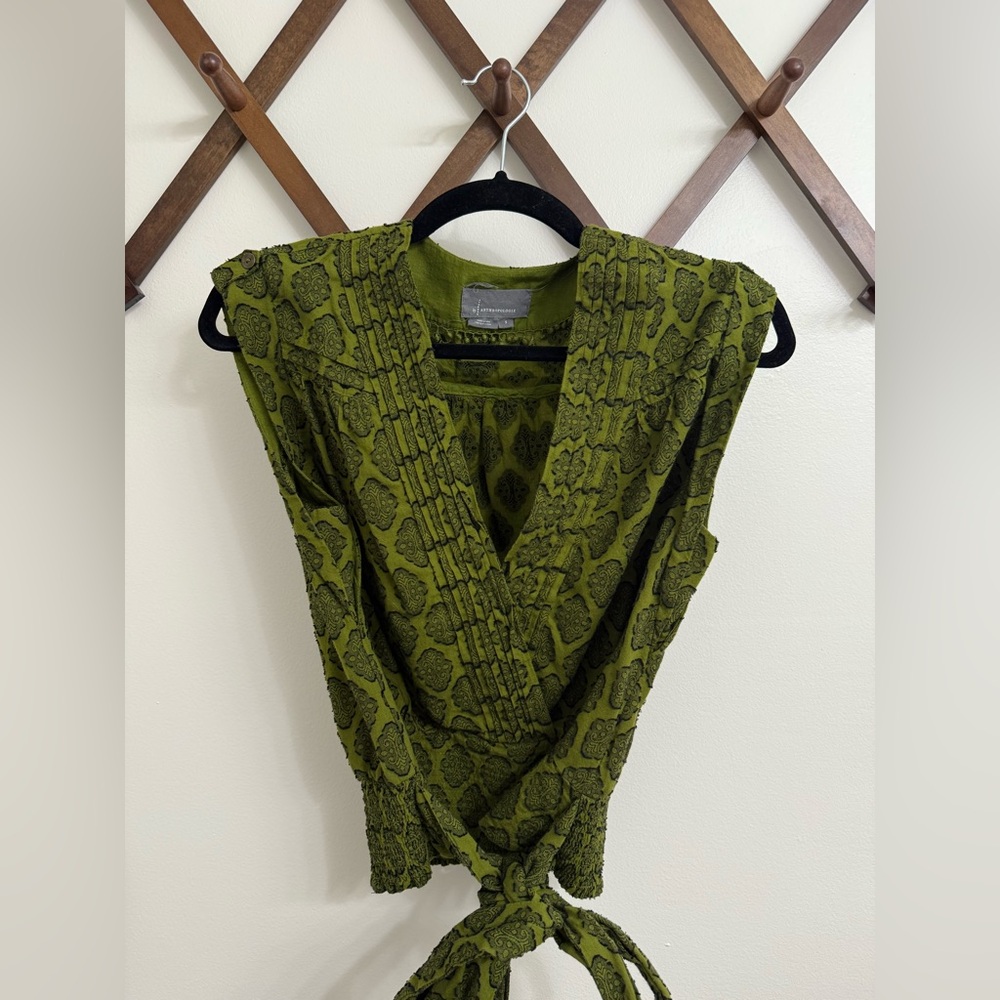 Anthropologie Olive Green Textured Wrap Blouse